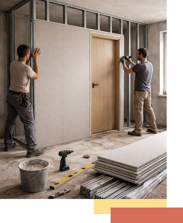 Перегородка из гипсокартона с дверью под ключ в Прокопьевске