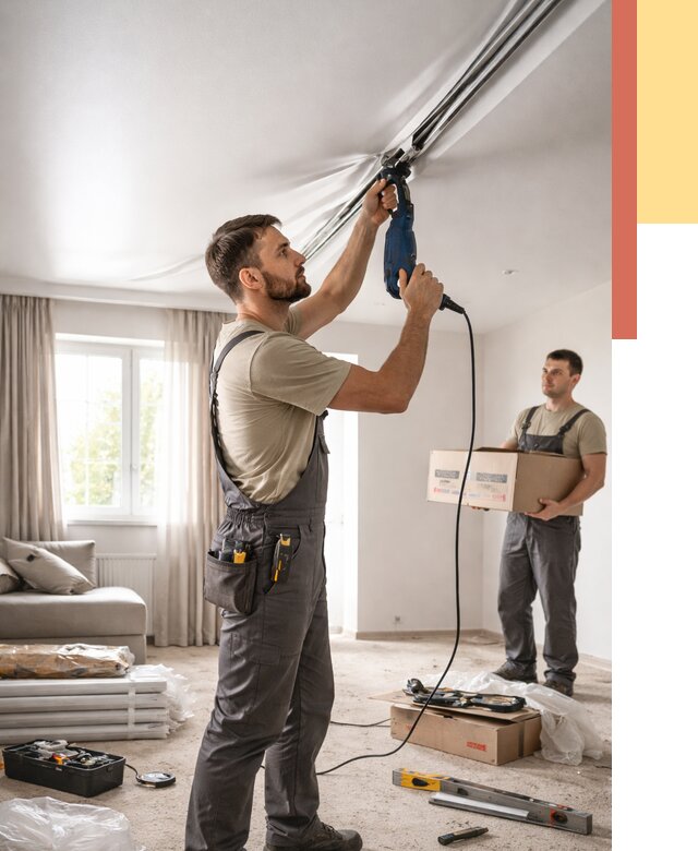 Монтаж сатинового натяжного потолка в Прокопьевске от 3618 руб. | Быстро, недорого — ОТДЕЛОЧНИК-Прк