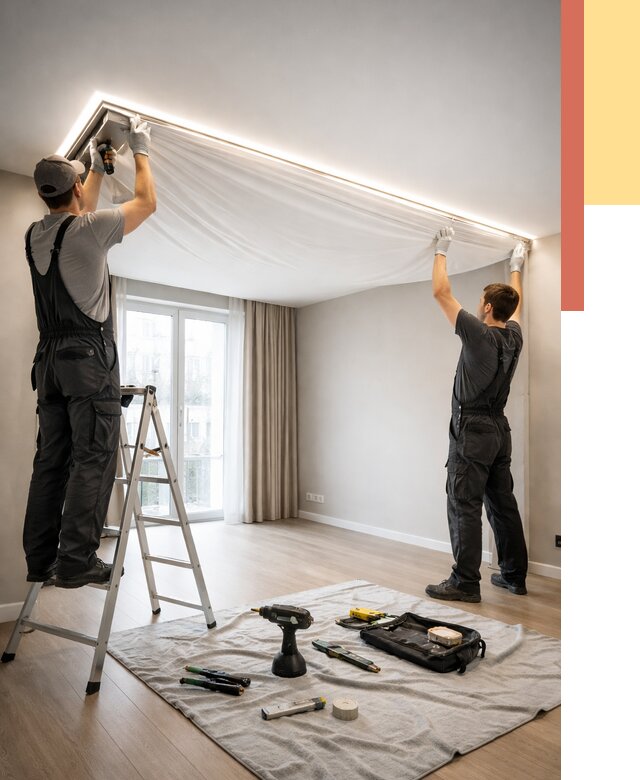 Монтаж парящего натяжного потолка в Прокопьевске от 4652 руб. быстро и недорого | ОТДЕЛОЧНИК-Прк