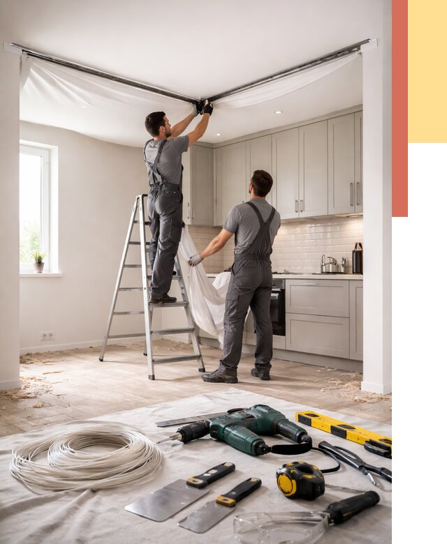 Установка натяжного потолка на кухне в Прокопьевске от 2481 руб. | ОТДЕЛОЧНИК-Прк