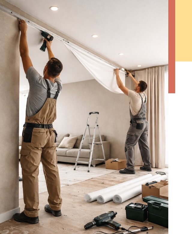 Монтаж натяжного потолка в гостиной в Прокопьевске от 569 руб. | ОТДЕЛОЧНИК-Прк