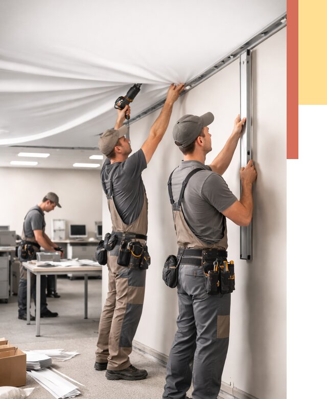 Монтаж натяжного потолка в офисе в Прокопьевске от 465 руб/м² — быстро и недорого | ОТДЕЛОЧНИК-Прк