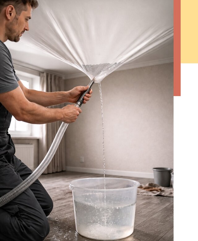 Слив воды с натяжного потолка в Прокопьевске от 2584 руб. быстро и недорого | ОТДЕЛОЧНИК-Прк