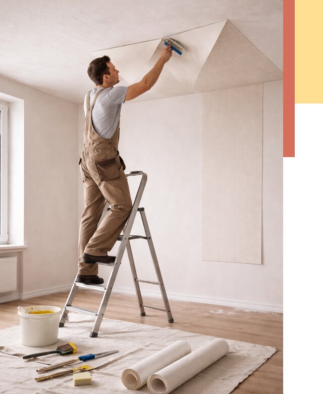 Поклейка обоев на потолок в Прокопьевске от 4652 руб. быстро и недорого | ОТДЕЛОЧНИК-Прк